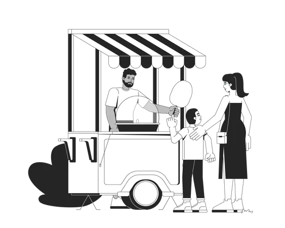 Cotton candy vendor handing over sweet snack to young boy and mother  Illustration