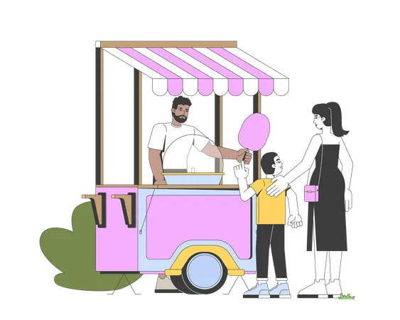 Cotton candy vendor handing over sweet snack to young boy and mother  Illustration
