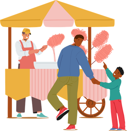 Cotton Candy Vendor Serves Father And Child At Fair  Illustration