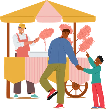 Cotton Candy Vendor Serves Father And Child At Fair  Illustration