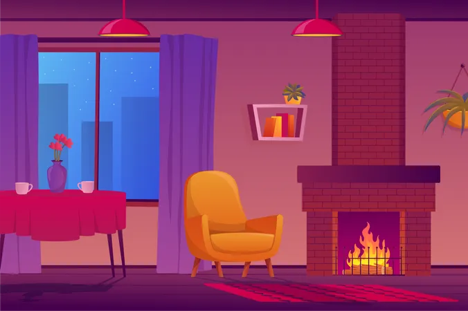 Couch near fireplace  Illustration