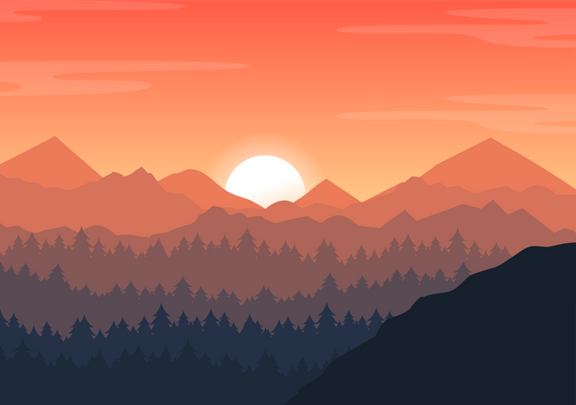 Coucher de soleil sur la vallée forestière  Illustration