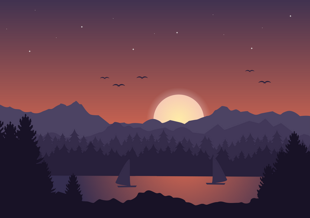 Le soleil se couche dans les montagnes  Illustration