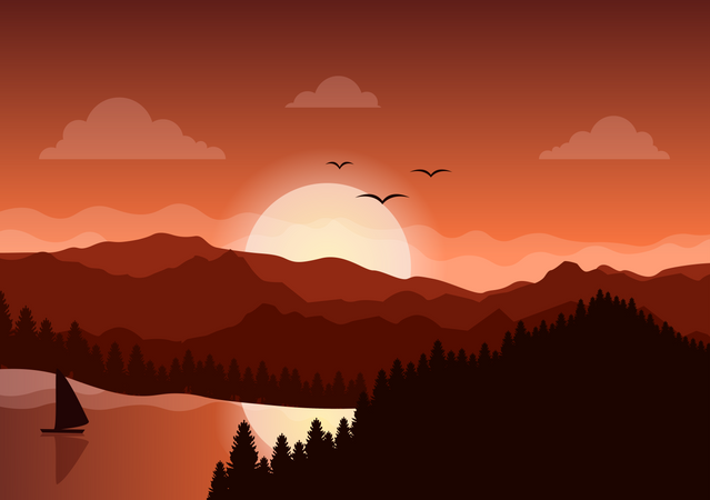 Paysage au coucher du soleil  Illustration