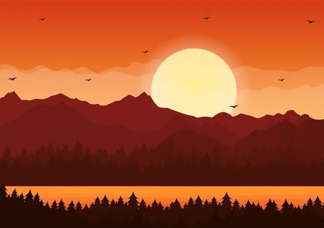 Coucher de soleil sur la vallée de montagne  Illustration