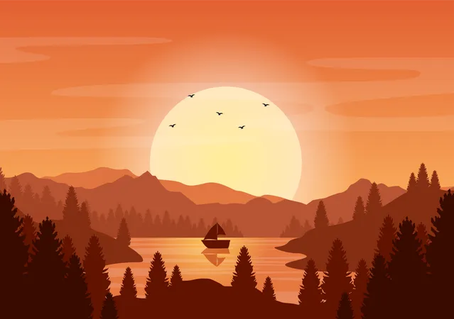 Coucher de soleil au lac  Illustration