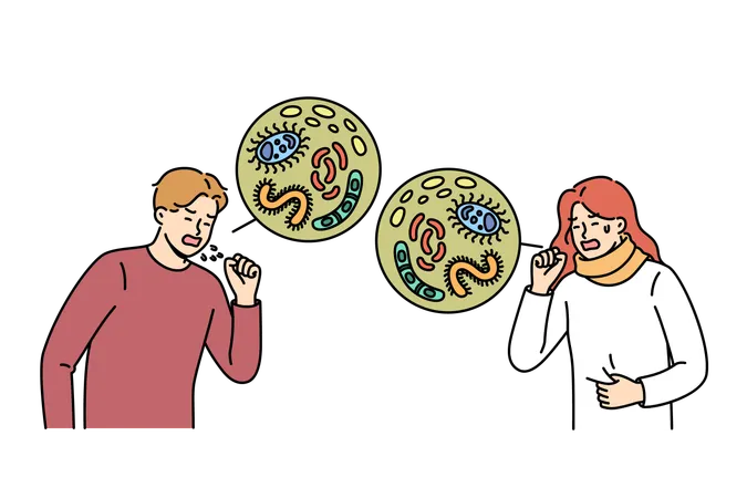 インフルエンザウイルスや呼吸器系疾患の感染による高齢男性と女性の咳と発熱  イラスト