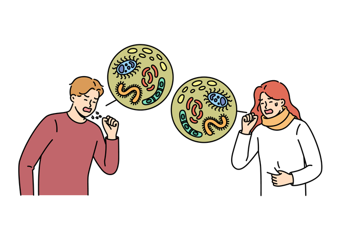 Cough and fever in older man and woman victims of viral influenza and diseases spread by respiratory  Illustration
