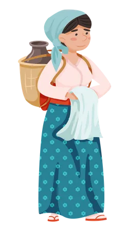 Country woman carries water in jug behind her back  Illustration