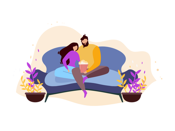 Couple à la maison se reposant sur un canapé, regardant un film et mangeant du pop-corn  Illustration
