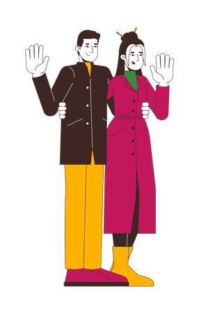 Couple à la mode en vêtements d'hiver agitant les mains  Illustration