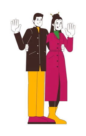 Couple à la mode en vêtements d'hiver agitant les mains  Illustration