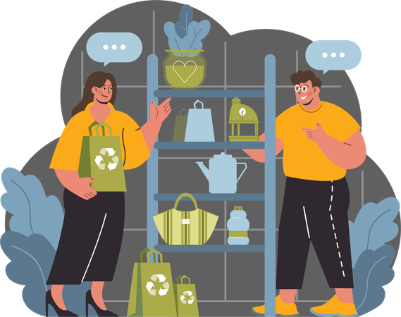 Couple achetant des articles recyclables dans un magasin  Illustration