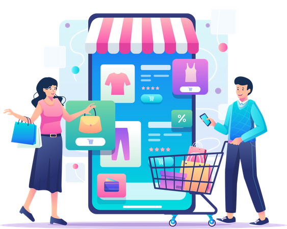 Couple achetant sur une application d'achat en ligne  Illustration