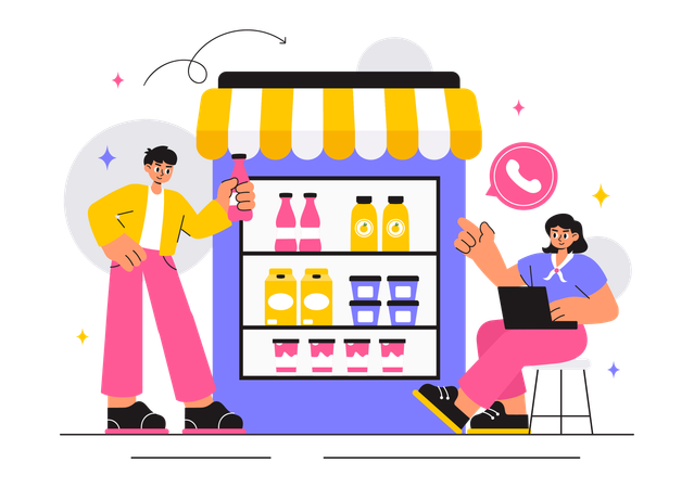 Un couple achète des produits dans une épicerie en ligne  Illustration