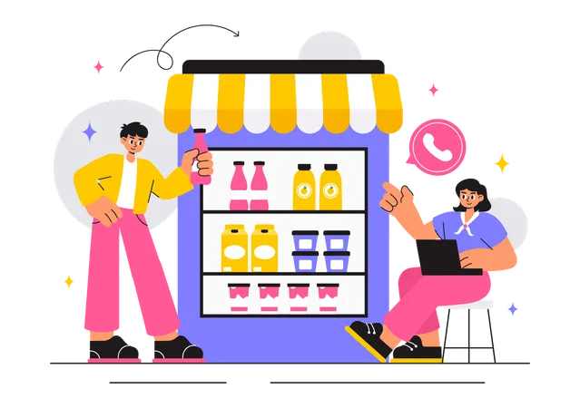 Un couple achète des produits dans une épicerie en ligne  Illustration