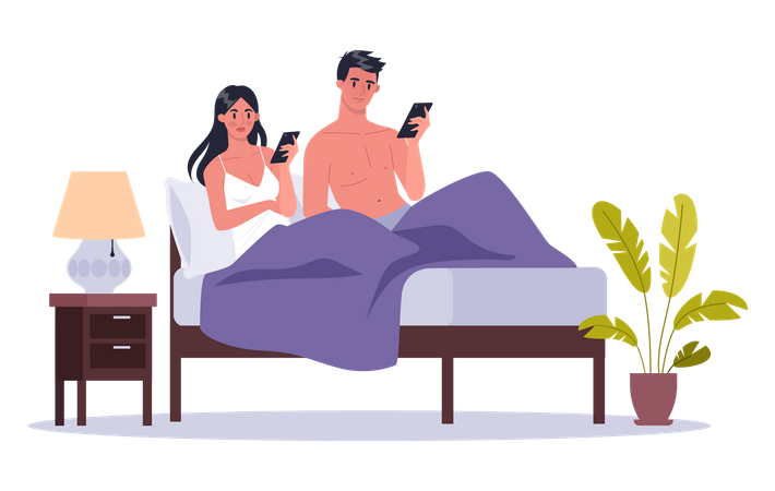 Couple addicted to smartphone usage during sexual intercourse Illustration