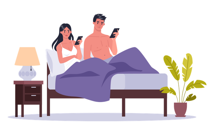 Couple addicted to smartphone usage during sexual intercourse  Illustration