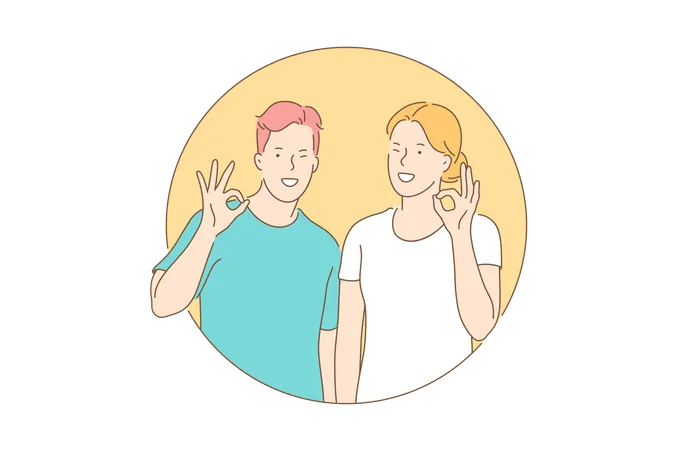 Ok Sign Approval Concept Delighted Contented Man And Woman Are Showing Ok Sign Happy Cheerful Boy And Girl Approve Action Smiling Merry Teenagers Joyfully Show Endorcement Simple Flat Vector Illustration
