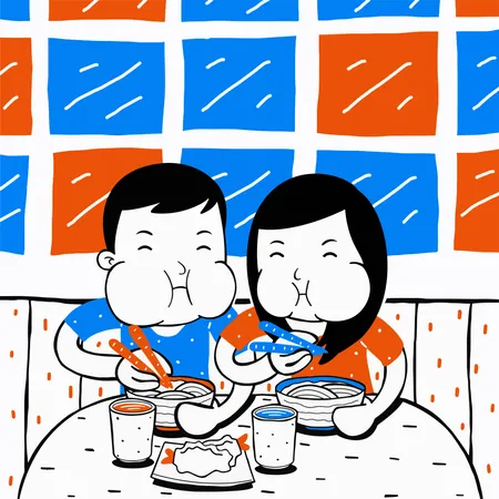 Couple affamé, manger de la nourriture  Illustration