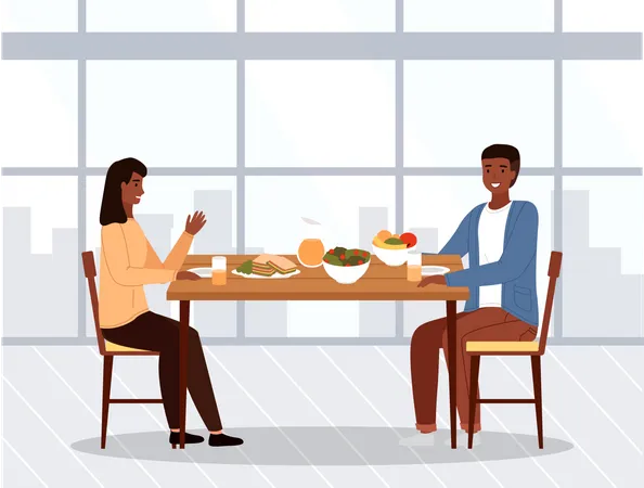 Couple africain, manger de la nourriture au restaurant  Illustration
