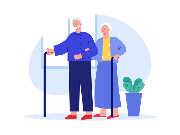 Couple âgé marchant avec l'aide d'un bâton  Illustration