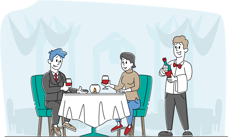 Couple aimant datant au restaurant avec serveur servant  Illustration