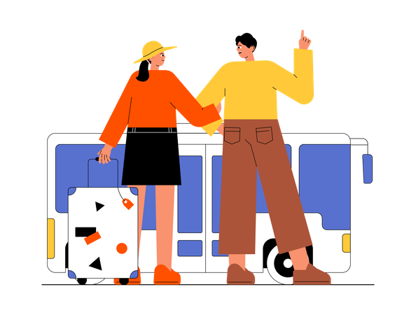 Un couple part en camp en bus local  Illustration