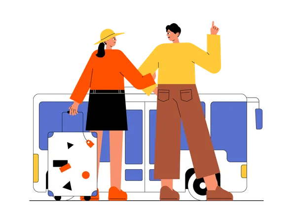 Un couple part en camp en bus local  Illustration