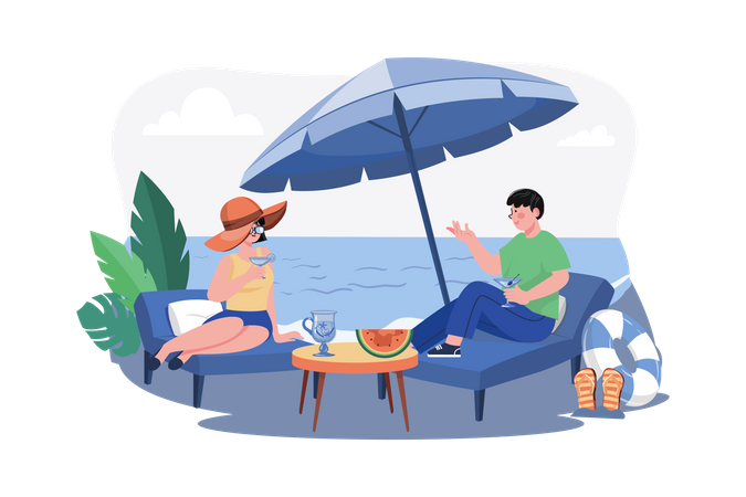 Couple allongé sur un salon de plage et buvant un cocktail  Illustration