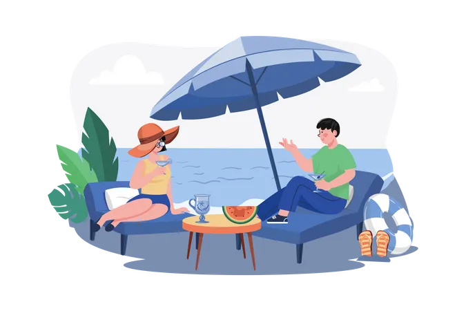 Couple allongé sur un salon de plage et buvant un cocktail  Illustration