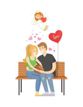 Couple amoureux assis sur un banc  Illustration