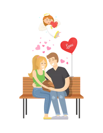 Couple amoureux assis sur un banc  Illustration