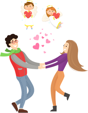 Couple amoureux et anges Cupidon  Illustration