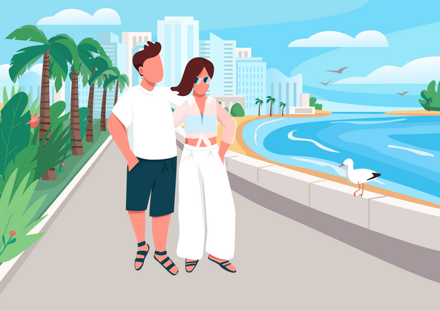 Couple amoureux marchant le long du front de mer  Illustration