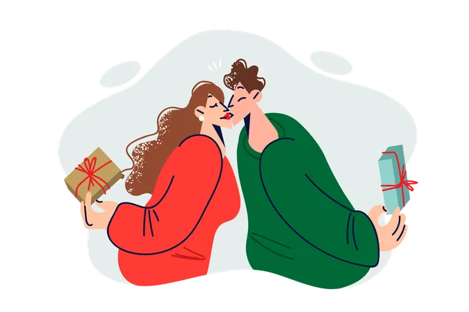 Couple amoureux s'embrassant après avoir échangé des cadeaux de Noël le soir du nouvel an ou de la Saint-Valentin  Illustration