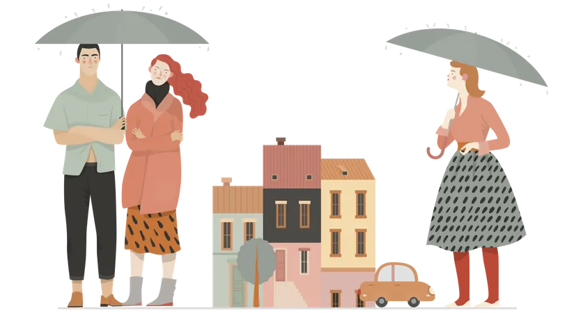 Couple and single girl standing in rain Illustration
