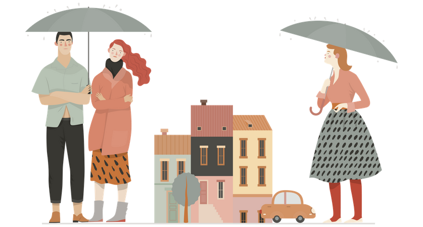 Couple and single girl standing in rain  Illustration
