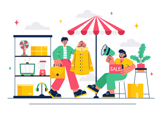 Couple announcing discount on clothes in market  Illustration