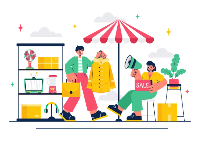 Couple announcing discount on clothes in market  Illustration