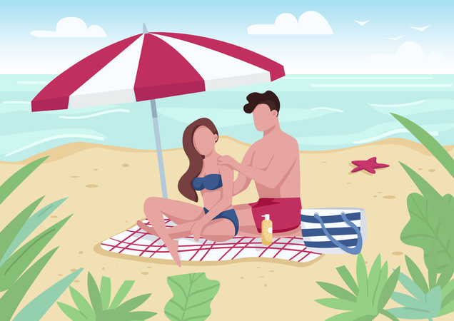 Couple appliquant une lotion solaire sur la plage  Illustration
