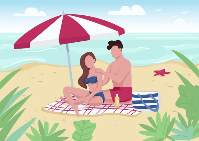 Couple Applying Sunblock Lotion On Beach Flat Color Vector Illustration Boyfriend And Girlfriend Sunbathing Summertime Vacation Recreation 2 D Cartoon Characters With Seascape On Background Illustration