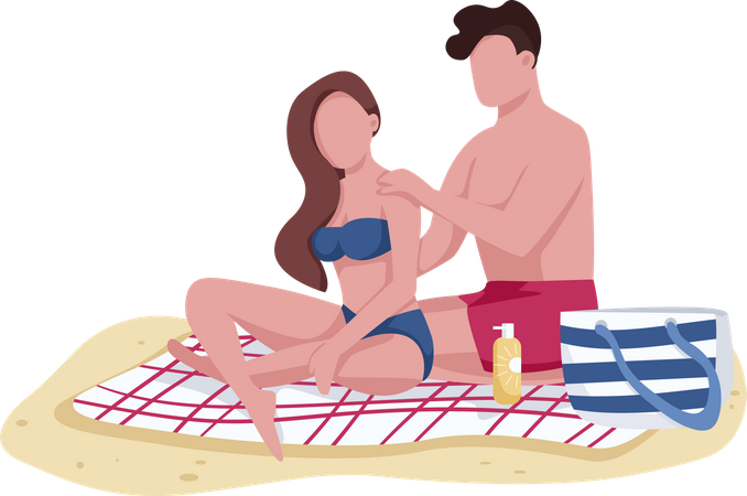 Couple applying sunscreen oil on beach Illustration