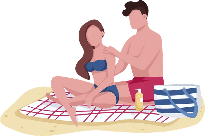 Couple applying sunscreen oil on beach  イラスト