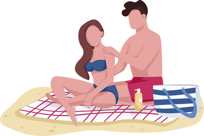 Couple applying sunscreen oil on beach  Illustration