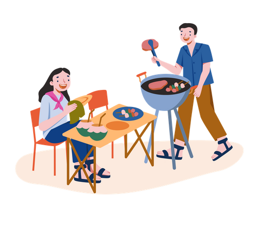 Couple appréciant la nourriture barbecue  Illustration