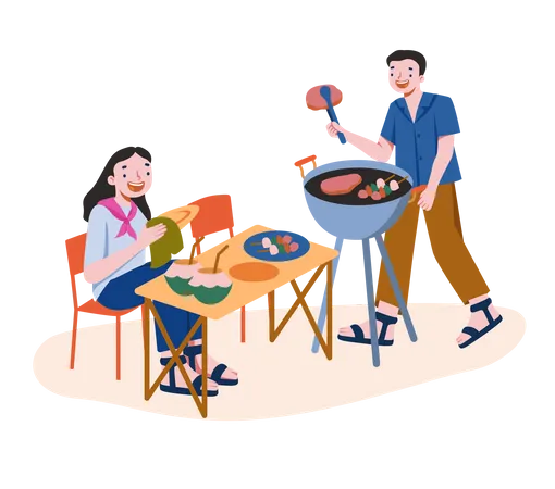 Couple appréciant la nourriture barbecue  Illustration