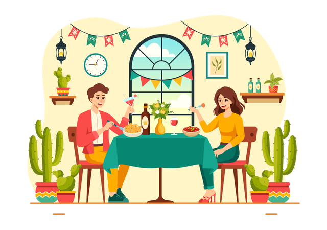 Couple appréciant le dîner au restaurant de cuisine mexicaine  Illustration