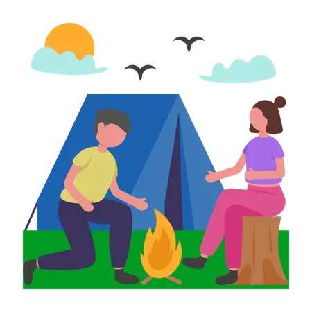 Couple profitant d'un feu de joie  Illustration