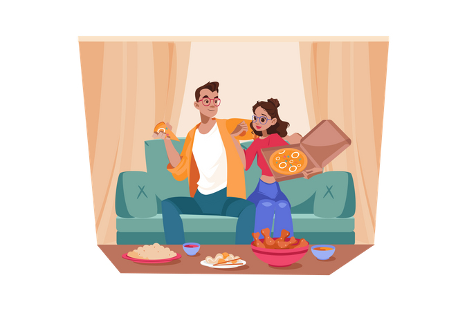 Couple appréciant la pizza à la maison  Illustration